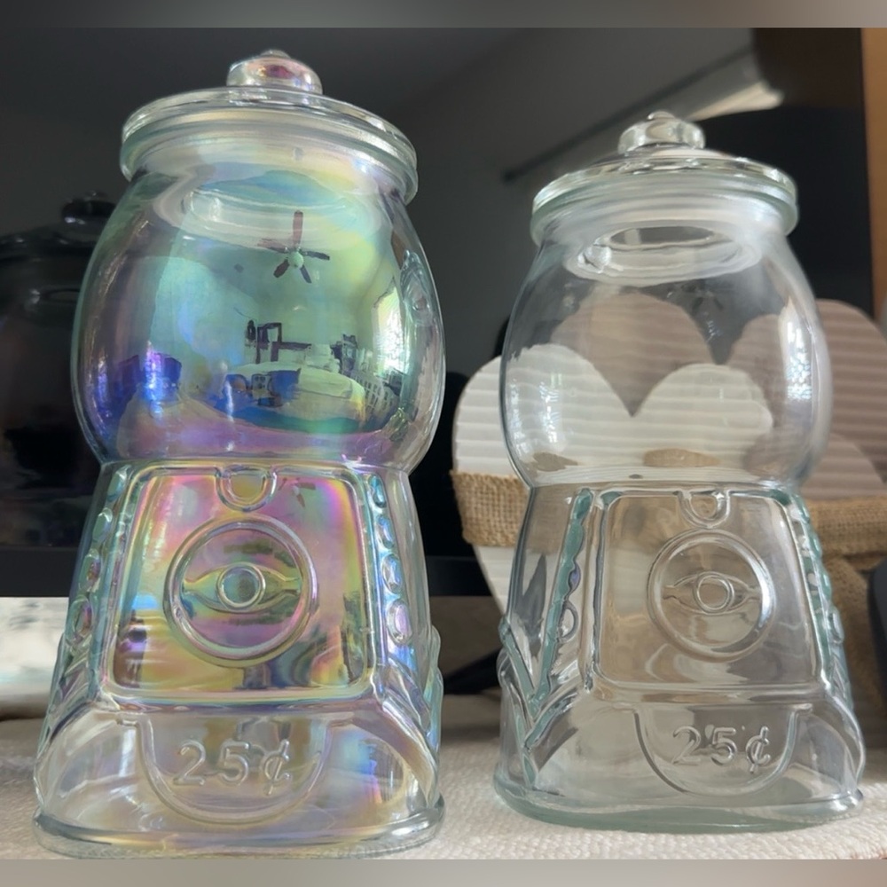 NEW Set Iridescent and Clear Glass Gumball Jars machine